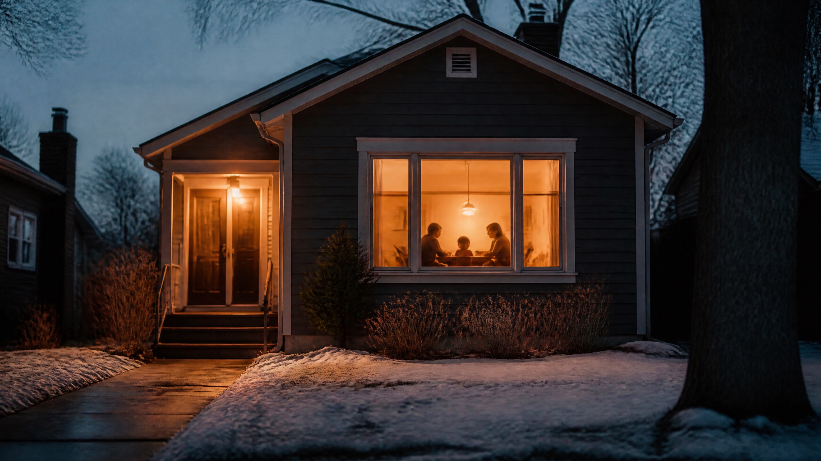 A warm, welcoming home in winter representing housing stability for families
