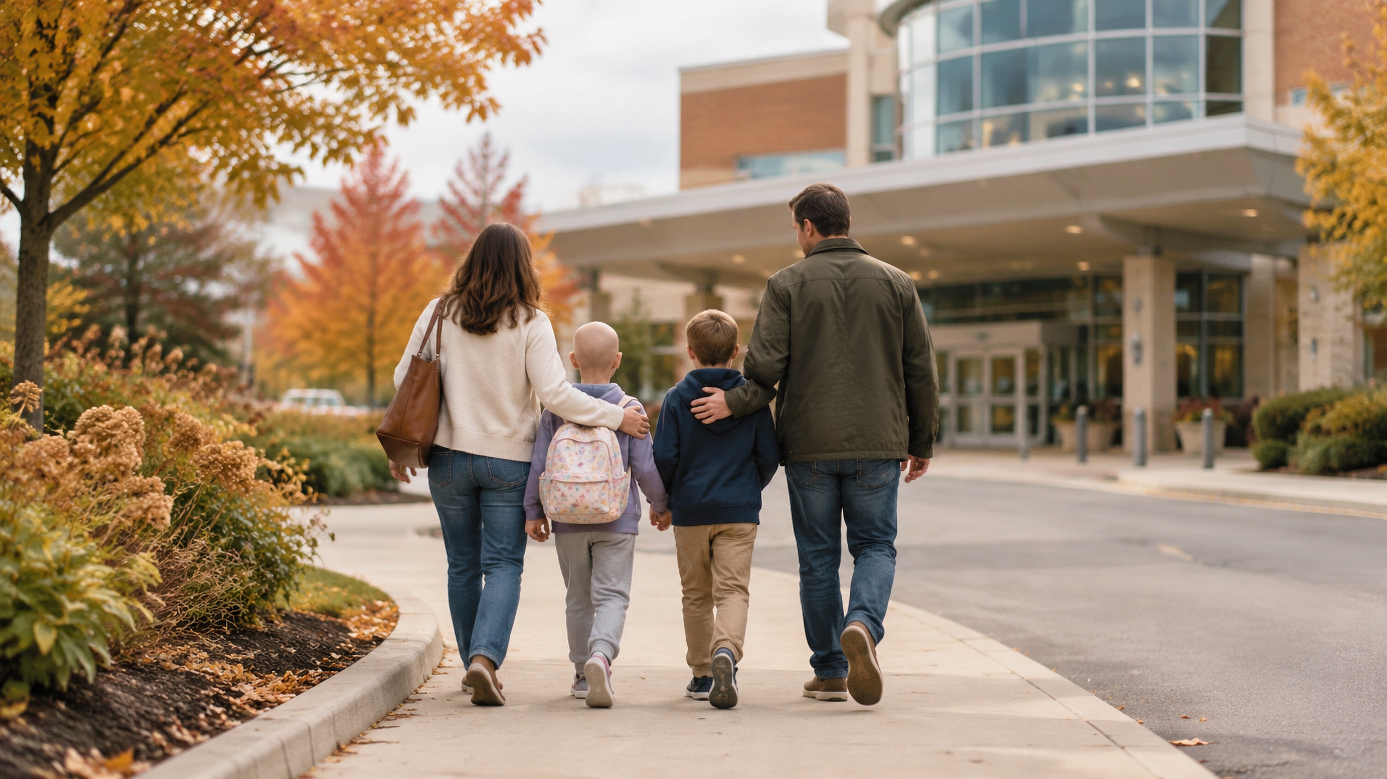 A family traveling through an autumn Michigan landscape toward pediatric cancer care